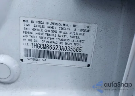 2003 Honda Accord 3.0 Ex from USA, damaged, VIN 1HGCM66523A035565